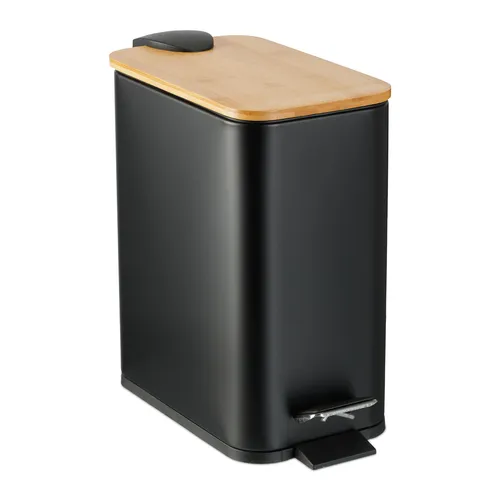 relaxdays Kosmetikeimer Bad Mülleimer 5 l mit Bambusdeckel - Haushaltszubehör: Hygienischer Treteimer mit rutschfestem Pedal und elegantem Bambusdeckel für stilvolle Abfallentsorgung im Bad.
