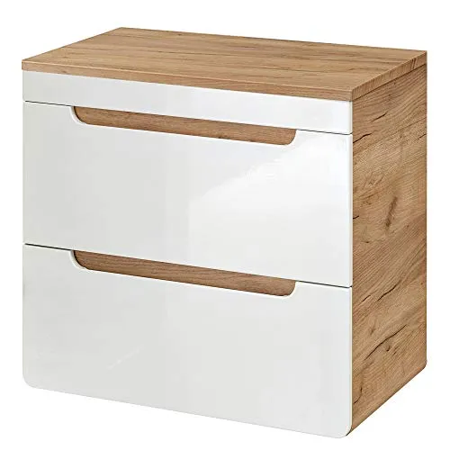 Lomadox Waschtischunterschrank 61 cm - Hochglanz weiß mit Wotan Eiche Nb., 2 Softclose-Schubkästen für leises Schließen, ideal für ein modernes Badezimmer.