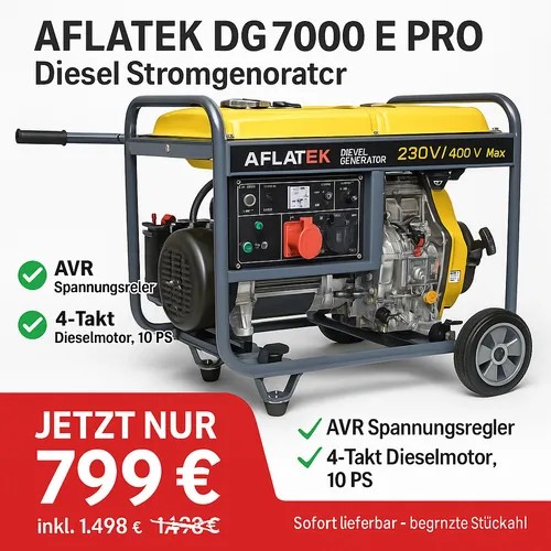 DeTec Diesel Generator 400V - 5500 Watt Notstromaggregat - Stromaggregate für zuverlässige Notstromversorgung mit 5500 Watt Leistung. Ideal für Baustellen und Garten, mobil durch Reifen und E-Start. Digitale Anzeige für einfache Wartung.