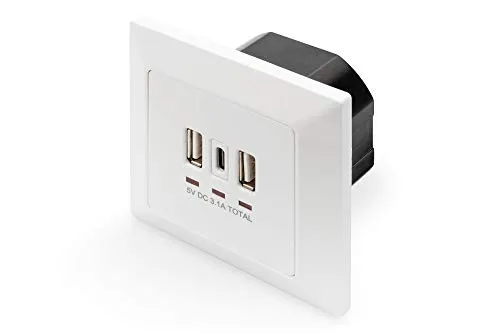 DIGITUS DA-70618 – Unterputz USB-Ladegerät – 2x USB-A bis 2.8A / 1x USB-C bis 2.8A – Einbautiefe 32 mm – Bedingt Designfähig – Reinweiß RAL 9003