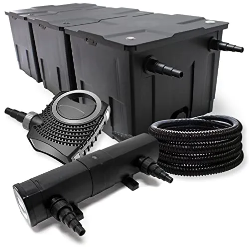 Wiltec Komplettset: CBF-350C Teichfilter bis 90000 L Teichfilteranlage als Durchlauffilter, NEO10000 SuperECO Teichpumpe 10000l/h 80W, CUV-218 Teichklärer UVC Klärer mit 18W, 25m Teichschlauch 25 mm