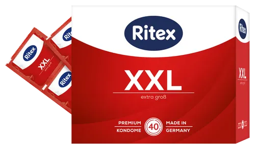 Ritex Kondome XXL – Extra große Kondome für mehr Komfort - Kondome für Männer: 40 x XXL-Kondome (55 mm Breite) mit extra viel Gleitfilm für intensives Empfinden, vegan und dermatologisch getestet – Made in Germany.