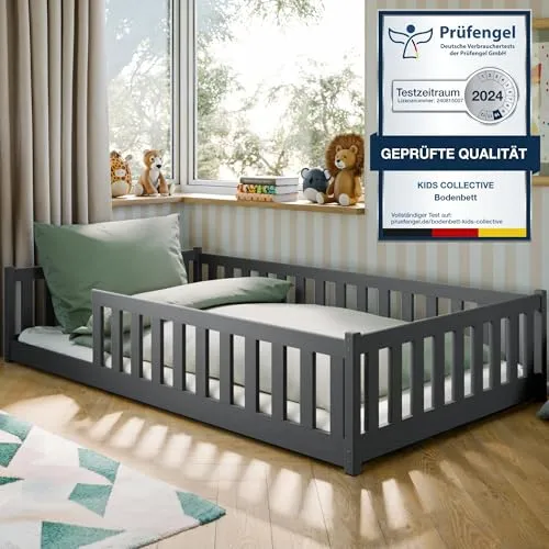 Kids Collective Kinderbett 120x200 cm mit Rausfallschutz - Montessori-Bodenbett aus FSC-zertifiziertem Kiefernholz, mit abnehmbarem Rausfallschutz für sicheren Schlaf und flexible Nutzung. Ideal für kleine Abenteurer!