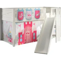 Kinderbett mit Rutsche Karyl - Massivholz Weiß mit Princess Textilset - Modernes Spielbett mit Rutsche aus Massivholz in Weiß. Ideal für kleine Abenteurer mit einer Liegefläche von 90x200 cm. Inklusive Textilset im bezaubernden Princess-Design.