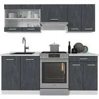 Vicco Küchenzeile R-Line, Schwarz Beton/Weiß, 200 cm AP Marmor - Moderne Küchenzeile mit eleganter Marmor-Arbeitsplatte, höhenverstellbaren Füßen und flexiblen Konfigurationsmöglichkeiten für Ihre individuelle Küche.