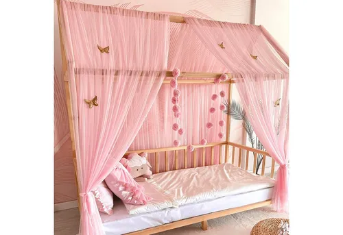 Baby Fancyroom Betthimmel - Rosa Tüll für Hausbett - Betthimmel Set für Montessori Kinderbett, inklusive 2 Tüllhimmel und 20er Pomponkette. Hochwertiger, luftdurchlässiger Stoff, bei 30° waschbar.