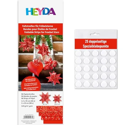 Heyda Faltstreifen für Fröbelsterne – 96 Streifen, 120 g/m² – beidseitig bedruckt – Bastelpapier Set für 24 Sterne – mit Anleitung – inklusive 25 Klebepunkten (rot 1x30cm + 1,5x45cm)