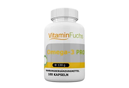 Omega 3 Fettsäuren Kapseln mit DHA, EPA und Vitamin E. 100 Fischölkapseln mit je 1000mg Omega3 hochdosierten wertvollen essentiellen Fettsäuren von VitaminFuchs