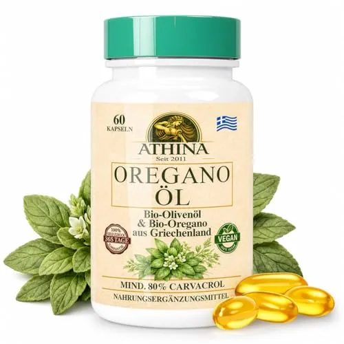 Athina® Oregano Öl Vegan Bio 60 Kapseln - Pflanzliches Ergänzungsmittel mit 100 mg Oregano Öl pro Kapsel, hochdosiert und magenfreundlich, für eine natürliche Unterstützung der Gesundheit.