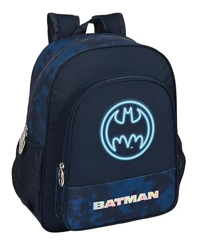 Safta Junior 38 Cm Batman Legendary Rucksack Blau - Schulranzen für Kinder mit ergonomischer Polsterung und praktischen Seitentaschen für Flaschen. Ideal für Schule und Freizeit, stylisch im Batman-Design.