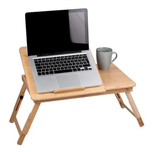 Verstellbarer Laptoptisch aus Bambus - Klappbarer Bettisch für Laptop mit Getränkehalter - Lapdesks - Hochverstellbarer Laptoptisch aus robustem Bambusholz, klappbar und ideal für bequemes Arbeiten im Bett, inklusive Getränkehalter und Tablet-Steckplatz.
