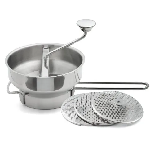 Weis Passiergerät aus Edelstahl, Silber - Küchenhelfer & Kochzubehör mit leicht auswechselbaren Scheiben (1,2 mm, 2,2 mm, 5 mm) und praktischem Auflagebügel für müheloses Passieren direkt im Topf.