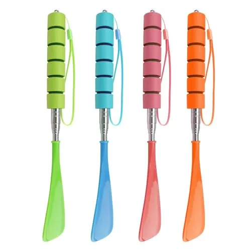 GeRRiT 4 Stück Teleskop Schuhlöffel, Schuhlöffel Lang Kunststoff, 4 Farben Metallstange 29-70cm, Schuhanzieher mit Bequemem Griff für Jeden Geeignet