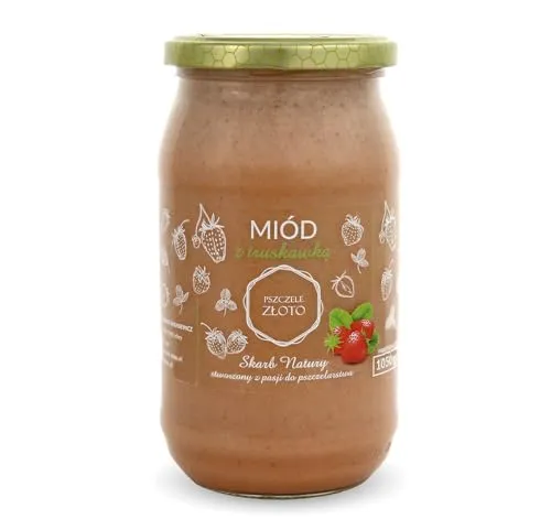 Honig mit Erdbeeren 1050 g - 1 kg - Großes Glas - Bienenhonig - Europäischer Naturhonig - Hergestellt in der EU - Zum Süßen - Zuckerersatz - Für Backwaren