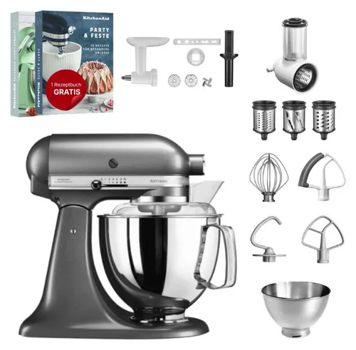 KitchenAid 4,8 L 5KSM175 Artisan Küchenmaschine Set mit Zubehör - Vielseitiges Küchenmaschinen-Set für kreative Köche. Mit 4,8 Liter Edelstahlschüssel und praktischem Zubehör wie Gemüseschneider und Fleischwolf sind Sie bestens ausgestattet für alle Koch- und Backprojekte.