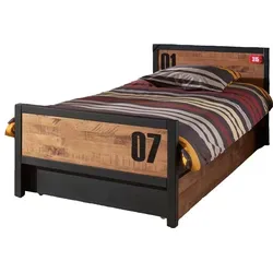Einzelbett Kameko 90x200 cm in Schwarz/Natur - Modernes Einzelbett Kameko aus Massivholz und MDF, ideal für Kinderzimmer. Mit zusätzlicher Bettschublade für Stauraum, einfache Selbstmontage und hochwertige Verarbeitung.