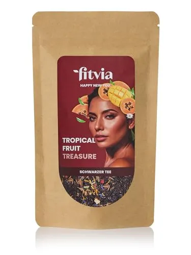 fitvia Tropical Fruit Treasure 100 g – loser Schwarzer Tee mit Mango und Papaya, exotische Fruchtstücke, ohne Zuckerzusatz, ohne Stevia, aromatischer Schwarztee für tropischen Genuss