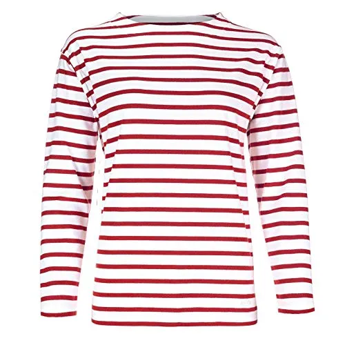 modAS Damen Shirt Bretonisches Damenshirt mit U-Boot Ausschnitt - Ringelshirt Streifenshirt Langarmshirt mit Streifen aus Baumwolle in Weiß/Rot in Größe 46