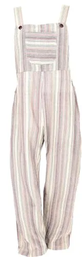 GURU SHOP Luftige Latzhose, Gestreifter Ethno Style Boho Oversize Einteiler, Sommer Overall - Beige, Damen, Size:M