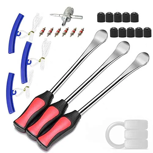 ANGNYA Reifenheber Reifen Montiereisen 3pcs Reifenheber montierhebel Werkzeug 3pcs Rad Felge Protektoren Tool Kit 10 Reifenventilkappen und Kappen Werkzeugsatz für Motorrad Fahrrad