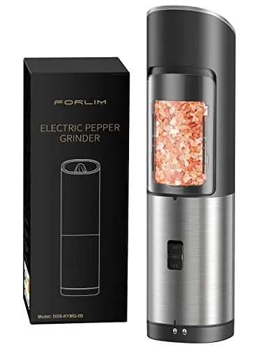 FORLIM Elektrisches Salz und Pfeffermühlen, Automatisches Schwerkraftmahlen Pfeffermühle, Einstellbare Grobheit, Einhandbedienung, mit LED-Licht, Salzmühle aus Edelstahl,1er Pack(Schwarz)