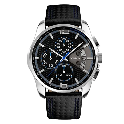 TONSHEN Herrenuhr Sportuhr Analog Uhr Leder Band mit Edelstahl Lünette Quarz Uhr Mode Klein Zifferblatt Doppel Zeit Datum Armbanduhr Casual Business Uhren (Blau)