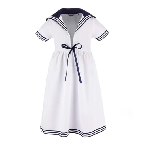 modAS Kinder Matrosenkleid mit 1/2-Arm - Maritimes Kurzarmkleid mit großem Kragen in Weiß Größe 140
