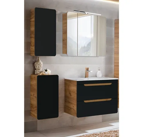 Lomadox Badmöbel-Set NEW-LUTON, Eiche Nb. mit 80 cm Keramik-Waschtisch - Badmöbel-Set in seidenmatt anthrazit mit hochwertiger Wotaneiche, integrierten Softclose-Systemen und modernem Design für ein stilvolles Badezimmer.
