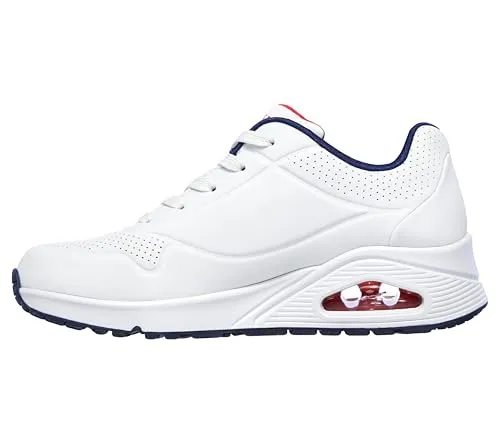 Skechers Damen UNO Stand ON AIR Sneakers - WNVR White Durabuck mit navy & red Trimm - Damen-Sneaker, mit innovativer Air-Cooled Memory Foam Dämpfung für ultimativen Komfort den ganzen Tag.
