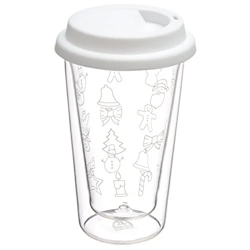 GRÄWE Glas-Becher, 0,3 Liter - doppelwandiger Coffee to Go/Glühwein-Isolierbecher mit weißem Silikon-Trinkdeckel und Weihnachtsmotiven