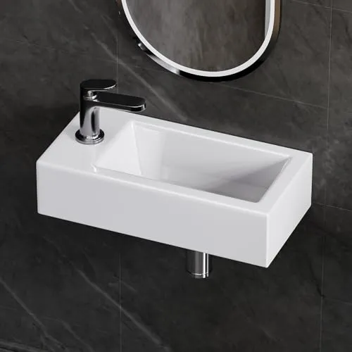 Yorbay Waschbecken - Keramik Aufsatzbecken mit Hahnloch, weiß - Wandmontage Waschbecken, ideal für kleine Bäder, mit praktischem Hahnloch und stilvollem Design in weiß.