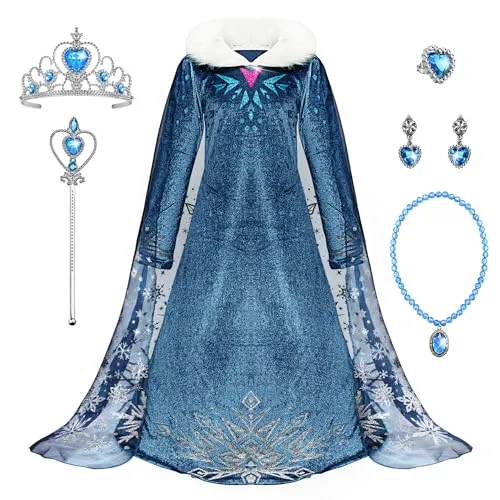 Monissy ELSA Prinzessin Kostüm mit Zubehör - Kostüme für Kinder: Hochwertiges Prinzessinnenkleid in Blau mit Krone und Zauberstab, ideal für Geburtstagsfeiern, Karneval und Halloween. Bequem und einfach an- und auszuziehen!