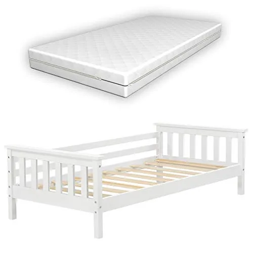 Kinderbett Nuuk mit Komfort-Matratze 70x140 cm - Kinderzimmermöbel mit stabilem Kiefernholz, Stauraum und orthopädischer Matratze für besten Schlafkomfort und Unterstützung.