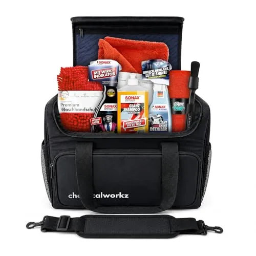 Autopflege Set 8‑teilig: SONAX GlanzShampoo, FelgenBeast & BrilliantShine Detailer + chemicalworkz Detailing Bag Aufbewahrungtasche + Zubehör