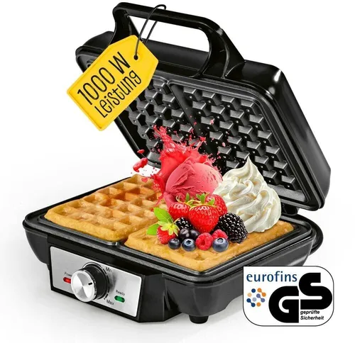 GOURMETmaxx Waffeleisen für 2 Waffeln - Waffeleisen mit 1000 Watt, stufenlos einstellbarer Temperaturkontrolle für perfekte Bräunung und Antihaftbeschichtung für müheloses Waffelbacken und einfache Reinigung.