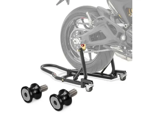 ConStands Motorradheber Set mit Rangierhilfe und Prismabuchsen-Racingadapter S6 - Wagenheber Set mit Hinterrad Montageständer und Prismabuchsen-Racingadapter für einfaches Aufbocken. Ideal für Reparaturen, stabil und leichtgängig mit 300 kg Tragkraft.