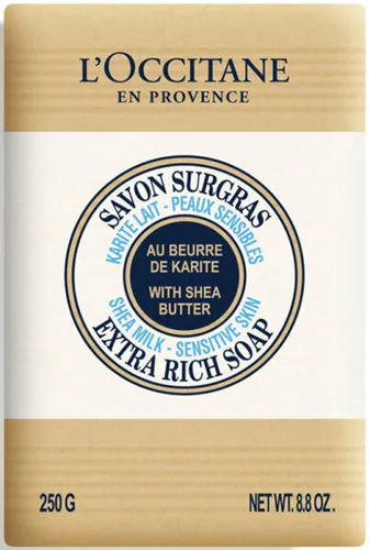 L'Occitane Shea Butter Seife Milch 250 g - Reichhaltige Seife für sensible Haut, mit intensiv pflegender Sheabutter für geschmeidige Haut. Ideal für die ganze Familie und umweltfreundlich mit 99% biologisch abbaubaren Inhaltsstoffen.