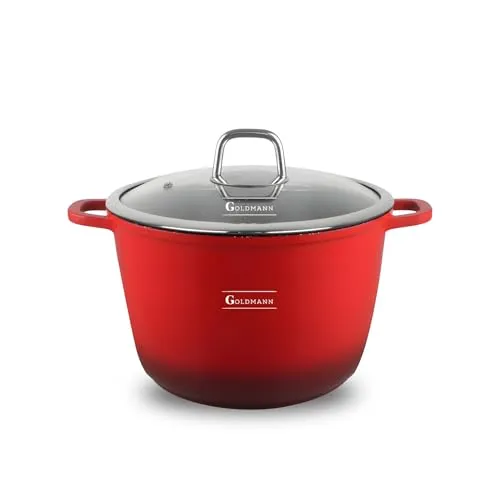 GOLDMANN Kochtopf Aluguss/Suppentopf, 24 cm, 6.2L, antihaftbeschichtete Keramik in Marmoroptik, Glasdeckel, geeignet für Induktion und alle Herdarten, ofenfest und PFOA-frei