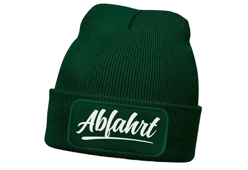 MoonWorks Strickmütze Damen Beanie mit Patch Skifahren Strickmütze mit Spruch Aufdruck