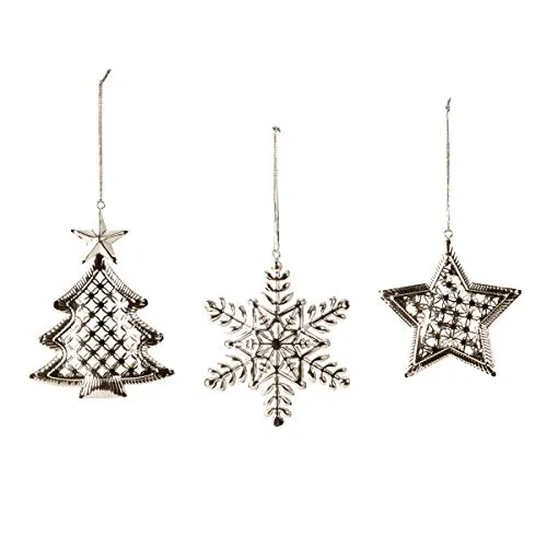 Metall Weihnachtsanhänger Schneeflocke Stern Tannenbaum 9-12cm Silber Christbaumschmuck zum Aufhängen 12