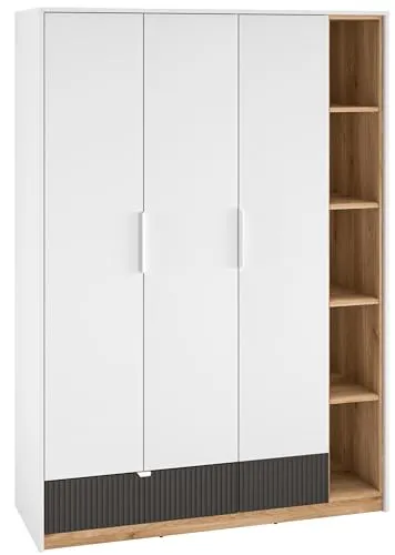Dreitüriger Kleiderschrank Torino 01 mit offenem Regal - Moderner Kleiderschrank mit 3 Türen und 12 Regalfächern, ideal für Jugendliche. Bietet viel Stauraum und eine Kleiderstange für optimale Organisation.