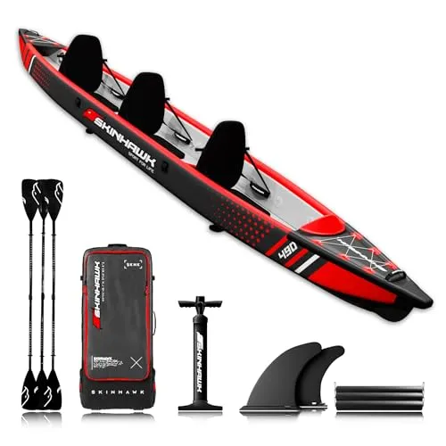 SKINHAWK Premium Drop Stitch Kajak 490 Rot - Aufblasbares Kajak mit ultimativer Strapazierfähigkeit und präziser Manövrierfähigkeit, ideal für unvergessliche Abenteuer auf allen Gewässern. Komplettset inklusive Hochdruckluftpumpe und ergonomischen Sitzen.
