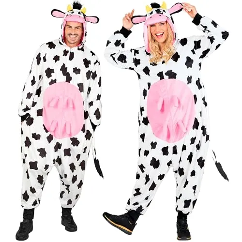 Kuh Kostüm Overall Weiß L/XL - Lustiger Overall im Kuhdesign mit Kapuze und Euter, perfekt für Karneval, Fasching oder Mottopartys. Bequemer Schnitt für hohen Tragekomfort und vielseitig einsetzbar.