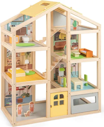 Puppenhaus aus Holz mit Möbeln und Figuren, Design mit mehreren Räumen