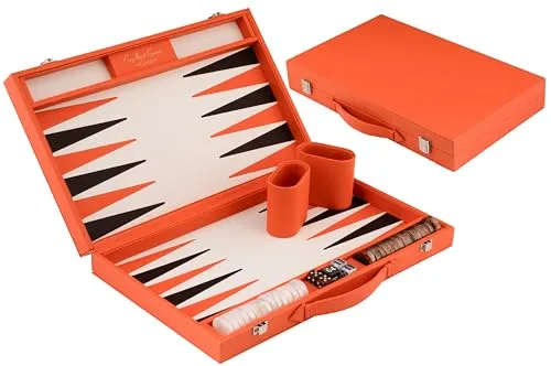 Engelhart-250565 – Backgammon 18 Zoll (46,7 cm) Luxus Koffer Kunstleder Orange – Intarsienbrett – Offen 56,4 × 46,7 cm – Schwarz/Orange Steine – Würfel & Becher – Klassisches Brettspiel