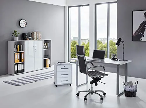 BMG-Moebel.de Büromöbel Set Office Edition Mini in Lichtgrau/Weiß Hochglanz - Komplettprogramm für Arbeitszimmer, hochwertig lackiert mit Schreibtisch, abschließbarem Rollcontainer und mehr. Optional elektrisch höhenverstellbar – ideal für modernes Arbeiten.