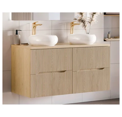 Lomadox Doppelwaschtisch NARPIO-56, 120cm mit 2 Aufsatzbecken - Eleganter Doppelwaschtisch in Eiche mit 2 modernen Aufsatzwaschbecken, grifflosen Schubladen und Softclose-Funktion – ideal für stilvolle Bäder.
