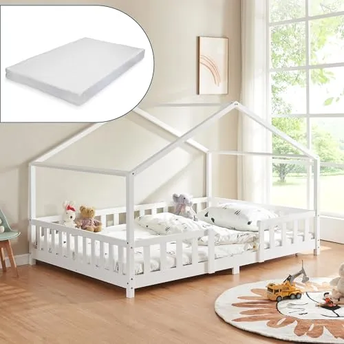 [en.casa] Kinderbett Treviolo mit Matratze 120x200cm - Betten für Kinder, charmante Haus-Optik mit integriertem Rausfallschutz für sichere Nächte und hochwertige Kiefernholz-Konstruktion für Langlebigkeit.
