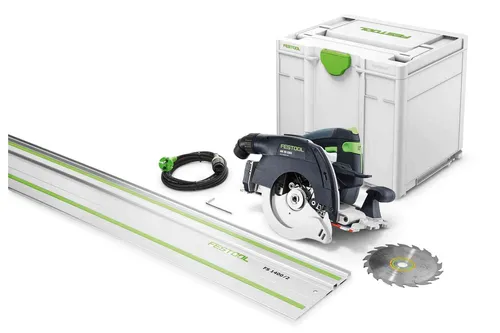 Festool Handkreissäge HK 55 EBQ-Plus-FS, 1200 W mit FS1400 - Sägen, mit Führungsschiene für schnurgerades, sicheres Sägen und exakte Gehrungsschnitte bis 50°. Ideal für präzise Holzarbeiten.