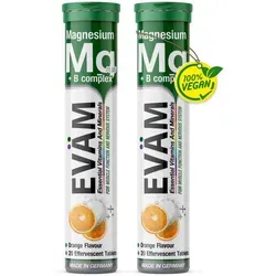 Magnesium + B-Komplex Brausetabletten 2er Pack, für Muskeln, Energie & Nerven, Orange, vegan und ohne Zuckerzusatz, EVÄM